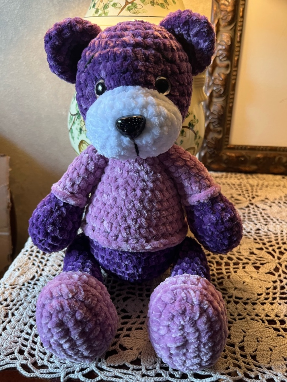 Handmade Crochet Plush Purple and Pink Teddy Bear Stuffed Animal. 13”. New